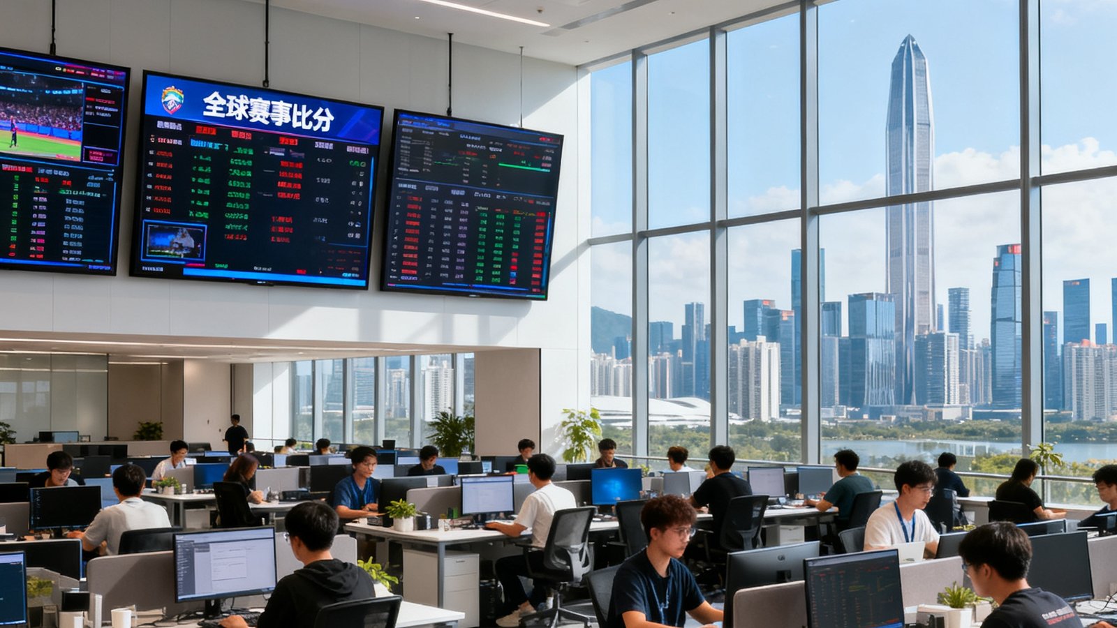 球吧深圳科技园总部开放式办公区全景，约80名年轻的技术和运营团队成员在宽敞明亮的空间内工作，墙面上悬挂着多块实时数据监控大屏显示全球赛事比分，落地窗外是深圳城市天际线，团队氛围充满活力与专注。