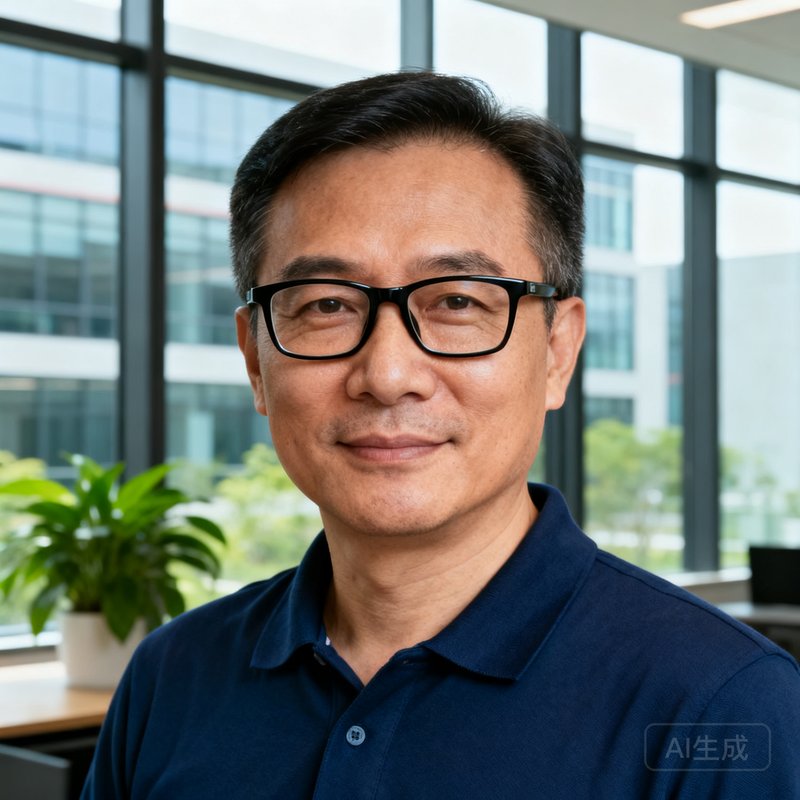 球吧创始人兼CEO陈志远的半身近照，40岁左右男性，戴着黑框眼镜，身穿深蓝色Polo衫，背景是科技园办公室落地窗和绿植，神态自信而沉稳。